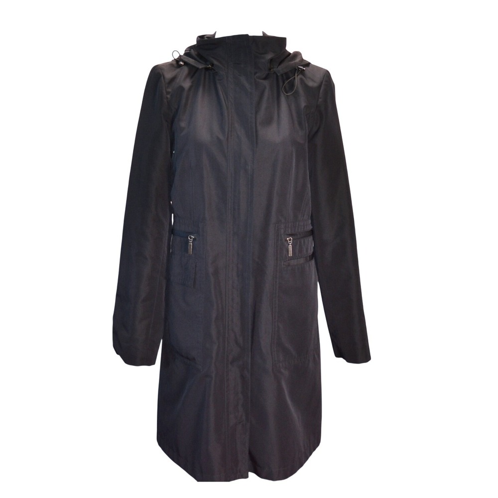 Vintage Talbots Hooded Rain Coat Jacket Travel Spring Black Zip Front Long Small